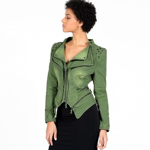 Women's Rivet Slim Washed Leather Motorcycle Jacket - ROUTINE FASHION